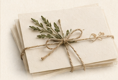 Cream envelopes tied with twine and a sprig of greenery