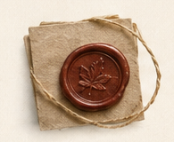 Burgundy wax seal with a leaf motif on textured paper
